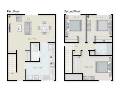 Floor plan for 3 beds, 1 bath, 974 sqft