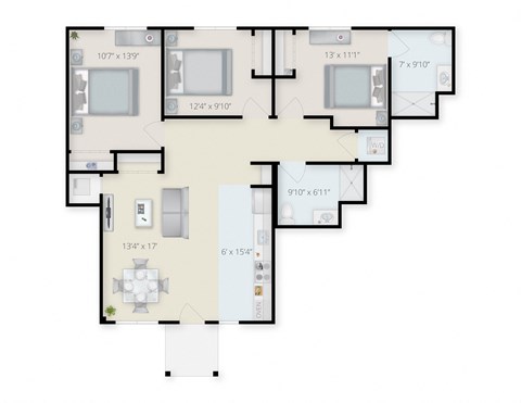 Floor plan for 3 beds, 2 baths, 1022 sqft