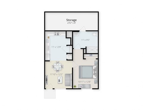 Floor plan for 1 bed, 1 bath, 588 sqft