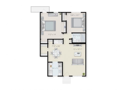 Floor plan for 2 beds, 1 bath, 792 sqft