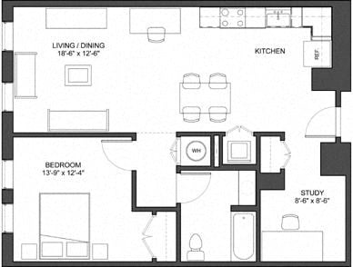 Floor plan for 1 bed, 1 bath, 808 sqft