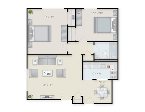 Floor plan for 2 beds, 1 bath, 750 sqft
