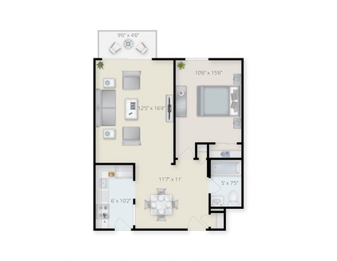 Floor plan for 1 bed, 1 bath, 650 sqft