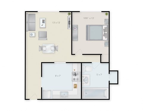Floor plan for 1 bed, 1 bath, 588 sqft