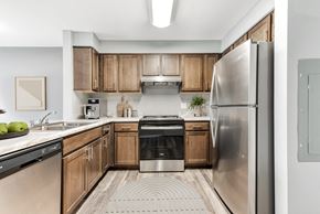 Buffalo apartment for rent - Kitchen With Wooden Cabinets And Stainless Steel Appliances at Niagara Square, New York, 14201