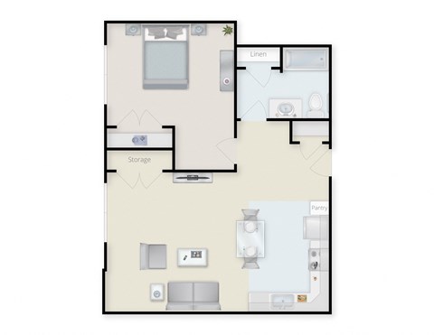 Floor plan for 1 bed, 1 bath, 677 sqft