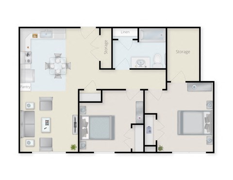 Floor plan for 2 beds, 1 bath, 844 sqft