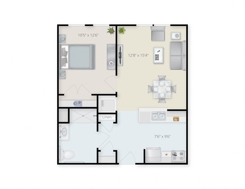 Floor plan for 1 bed, 1 bath, 703 sqft