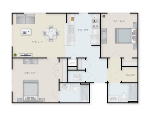 Floor plan for 2 beds, 2 baths, 933 sqft