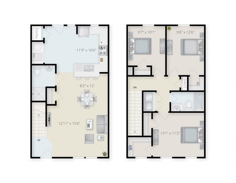 Floor plan for 3 beds, 2 baths, 1322 sqft
