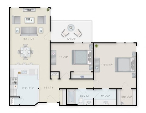 Floor plan for 2 beds, 1.5 baths, 926 sqft