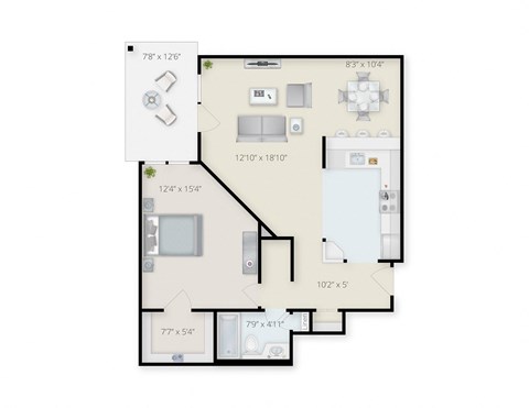 Floor plan for 1 bed, 1 bath, 840 sqft