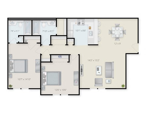 Floor plan for 2 beds, 2 baths, 931 sqft