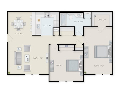 Floor plan for 2 beds, 1 bath, 930 sqft