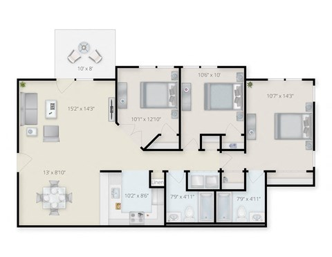 Floor plan for 3 beds, 2 baths, 1192 sqft