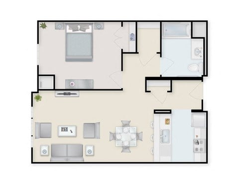 Floor plan for 1 bed, 1 bath, 809 sqft