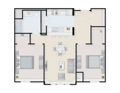 Floor plan for 2 beds, 1 bath, 883 sqft