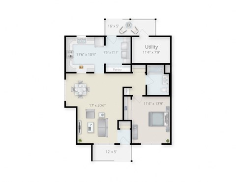 Floor plan for 1 bed, 1 bath, 885 sqft