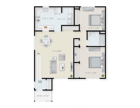 Floor plan for 2 beds, 1 bath, 1020 sqft