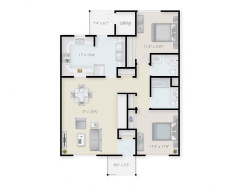 Floor plan for 2 beds, 2 baths, 1100 sqft