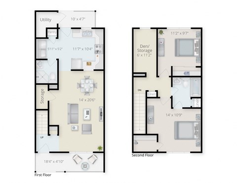 Floor plan for 2 beds, 2 baths, 1164 sqft