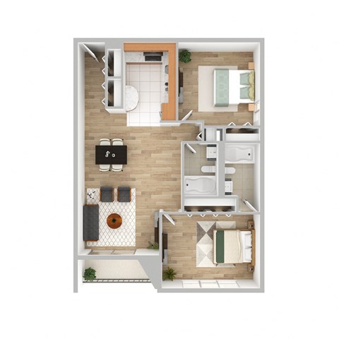 Floor plan for 2 beds, 2 baths, 862 sqft