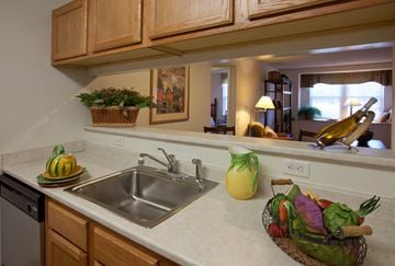 Stamford apartment for rent - A kitchen with a sink and a basket of fruit.