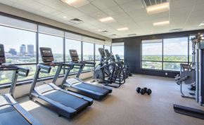 Springfield apartment for rent - a gym with cardio equipment and window views of the city