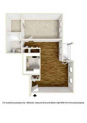 Floor plan for 1 bed, 1 bath, 683 sqft