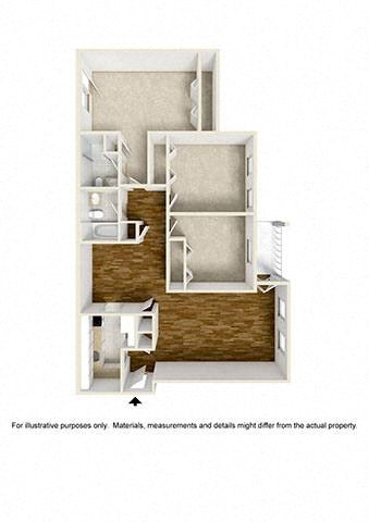 Floor plan for 3 beds, 2 baths, 1072 sqft