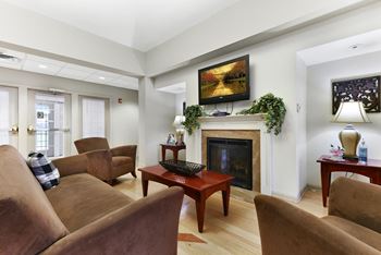A living room with a fireplace and couches