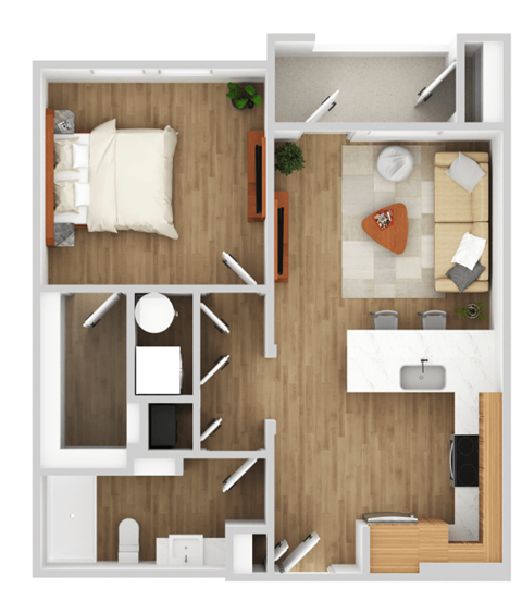 Floor plan for 1 bed, 1 bath, 751 sqft