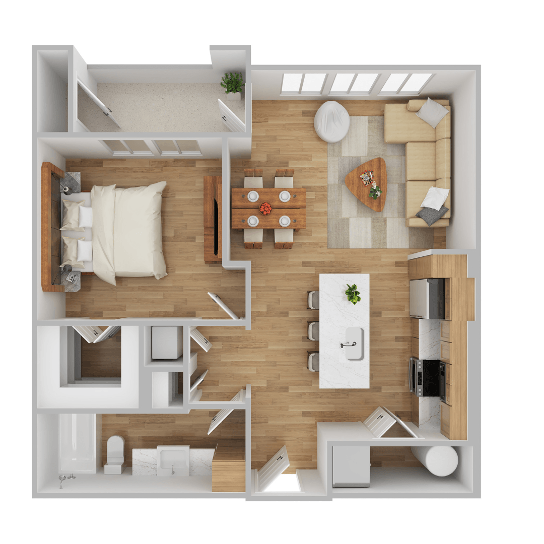 Floor plan for 1 bed, 1 bath, 738 sqft