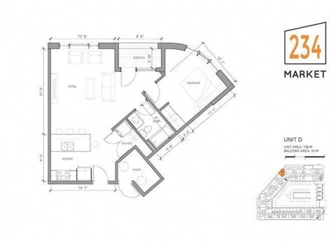 Floor plan for 1 bed, 1 bath, 708 sqft
