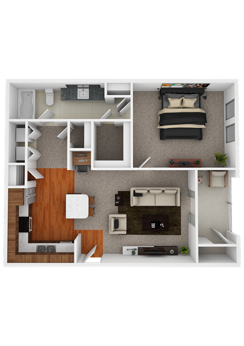 Floor plan for 1 bed, 1 bath, 664 sqft