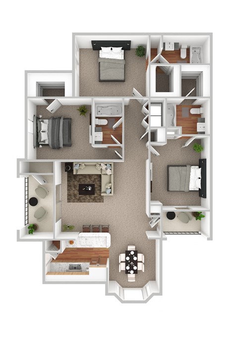 Floor plan for 3 beds, 3 baths, 1301 sqft
