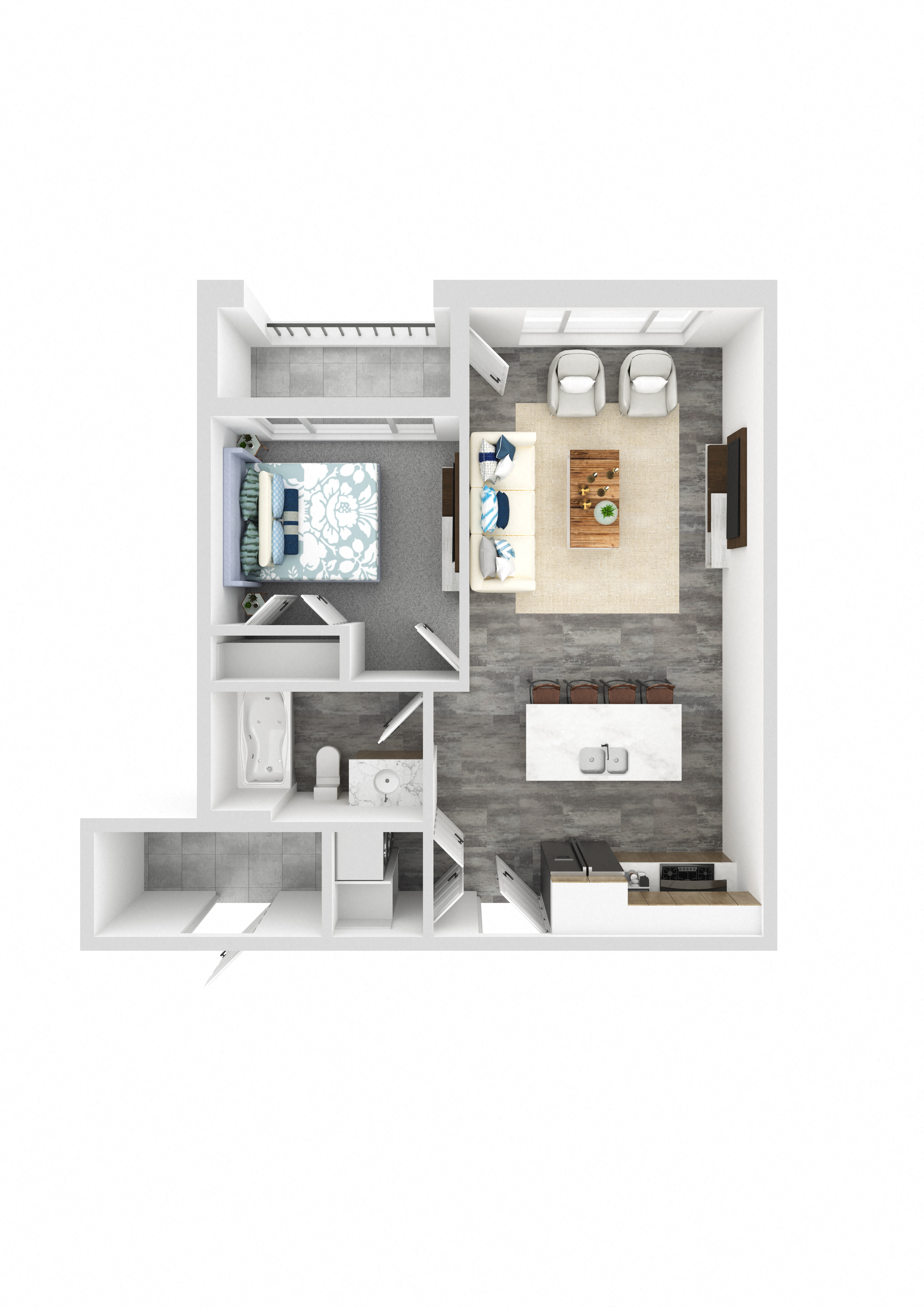 Floor plan for 1 bed, 1 bath, 595 sqft