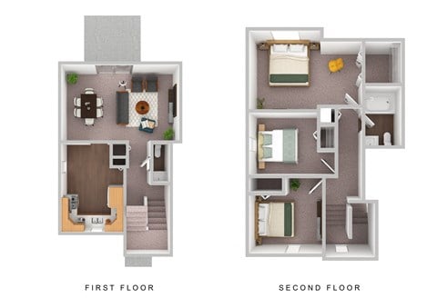 Floor plan for 3 beds, 1.5 baths, 858 sqft