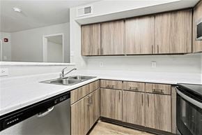 Spring apartment for rent - A kitchen with wooden cabinets and a stainless steel dishwasher.