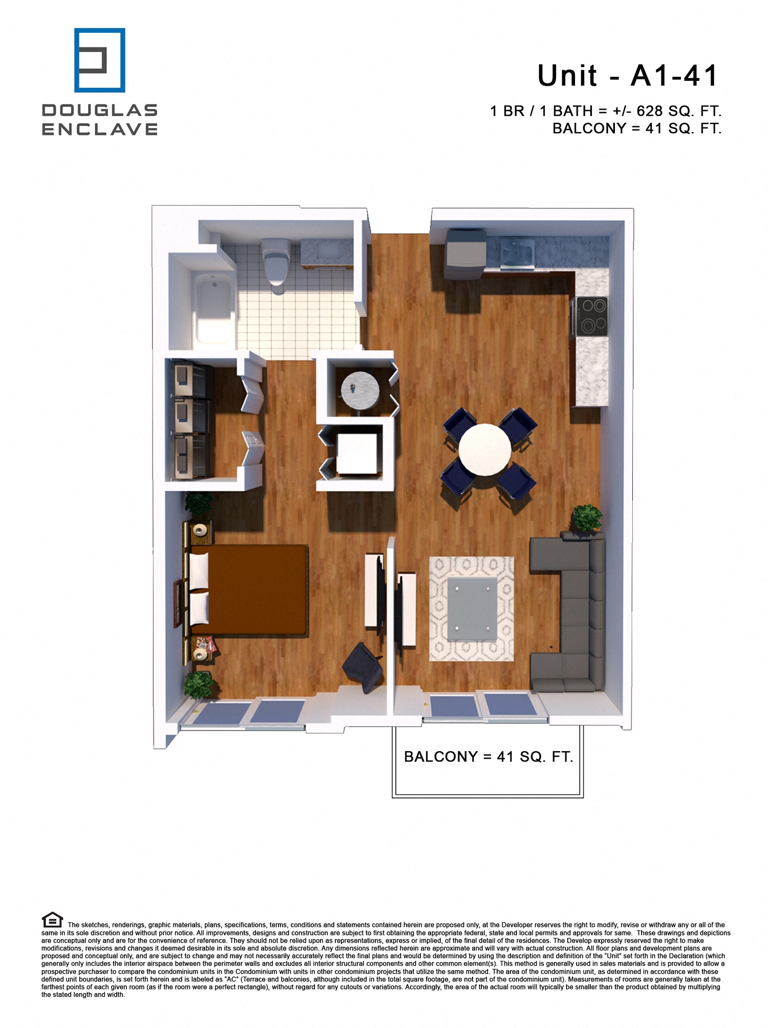 Floor plan for 1 bed, 1 bath, 628 sqft