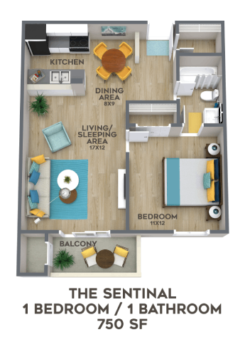 Floor plan for 1 bed, 1 bath, 750 sqft