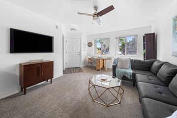 Flagstaff apartment for rent - A living room with a grey couch and a black TV on the wall.