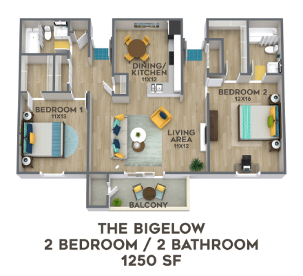 Floor plan for 2 beds, 2 baths, 1250 sqft
