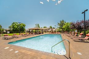 Flagstaff apartment for rent - A large swimming pool surrounded by lounge chairs and trees.