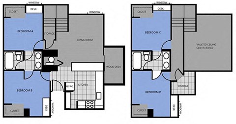 Floor plan for 4 beds, 2 baths, 319 sqft