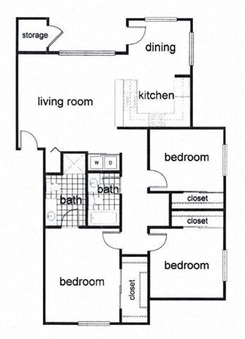 Floor plan for 3 beds, 2 baths, 1127 sqft