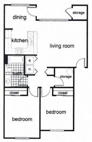 Floor plan for 2 beds, 1 bath, 891 sqft