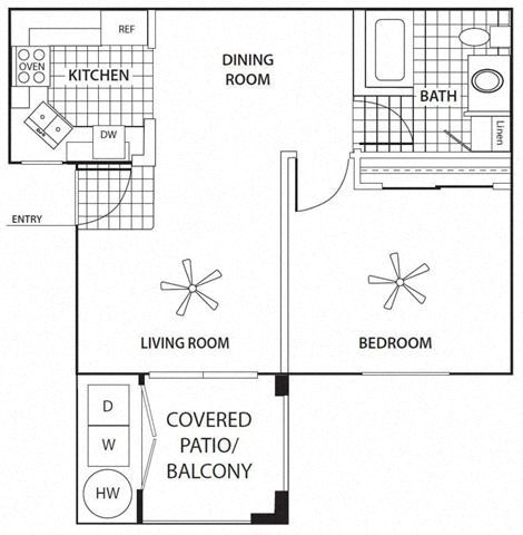 Floor plan for 1 bed, 1 bath, 578 sqft
