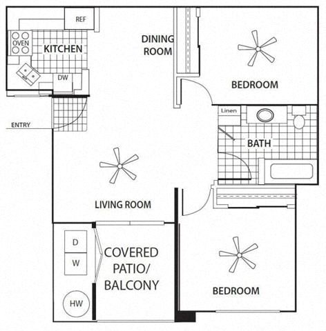 Floor plan for 2 beds, 1 bath, 732 sqft