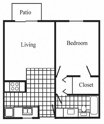 Floor plan for 1 bed, 1 bath, 624 sqft